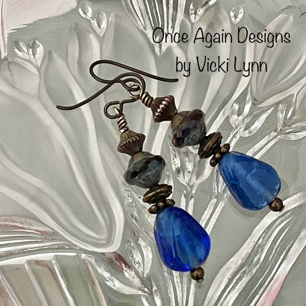 Artisan Earrings - “Brassy Cobalt Blues”Dangles - Picture 1 of 9
